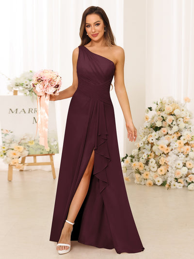 A-Line/Princess One-Shoulder Long Bridesmaid Dresses with Split Side