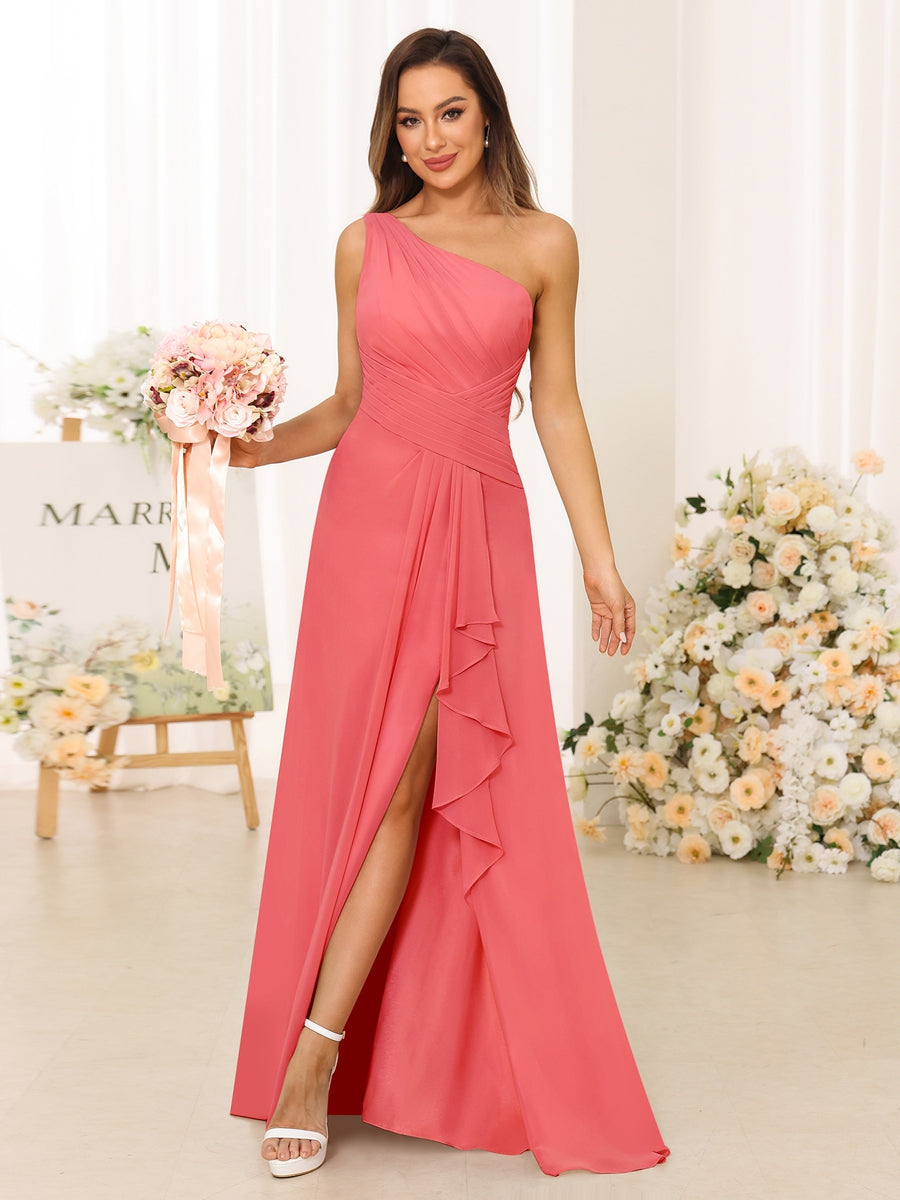 A-Line/Princess One-Shoulder Long Bridesmaid Dresses with Split Side