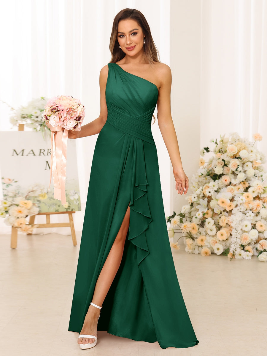 A-Line/Princess One-Shoulder Long Bridesmaid Dresses with Split Side