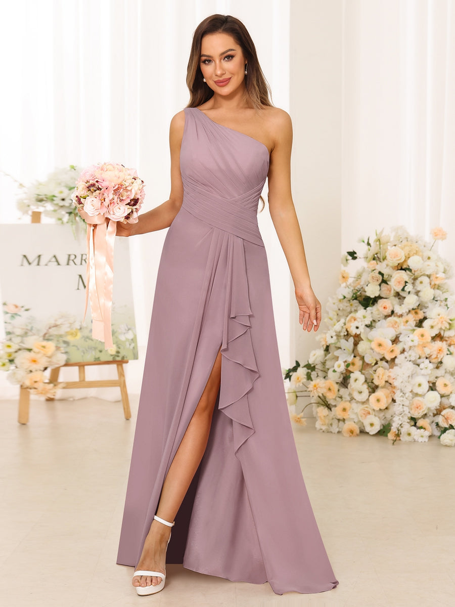 A-Line/Princess One-Shoulder Long Bridesmaid Dresses with Split Side