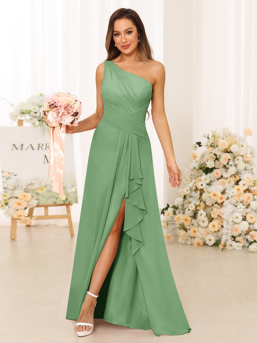 A-Line/Princess One-Shoulder Long Bridesmaid Dresses with Split Side