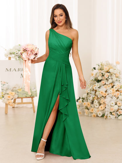 A-Line/Princess One-Shoulder Long Bridesmaid Dresses with Split Side