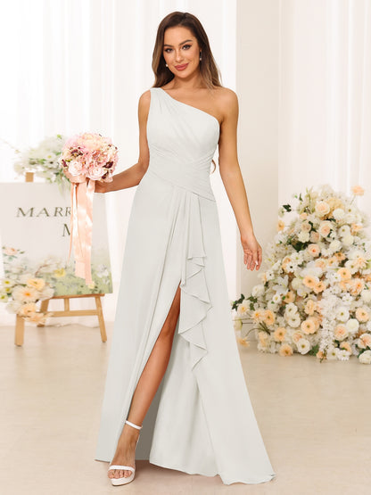 A-Line/Princess One-Shoulder Long Bridesmaid Dresses with Split Side