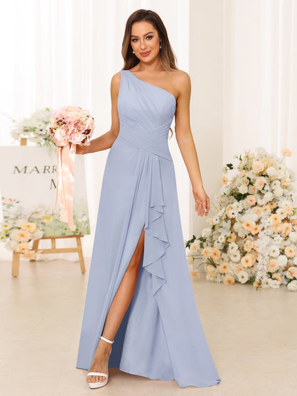 A-Line/Princess One-Shoulder Long Bridesmaid Dresses with Split Side