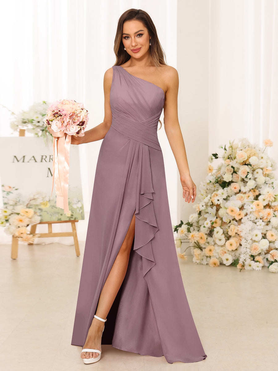 A-Line/Princess One-Shoulder Long Bridesmaid Dresses with Split Side