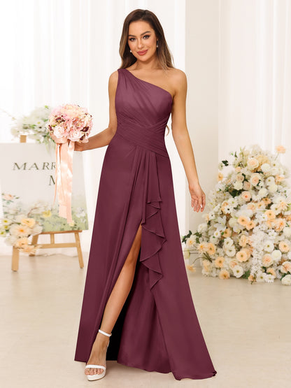 A-Line/Princess One-Shoulder Long Bridesmaid Dresses with Split Side