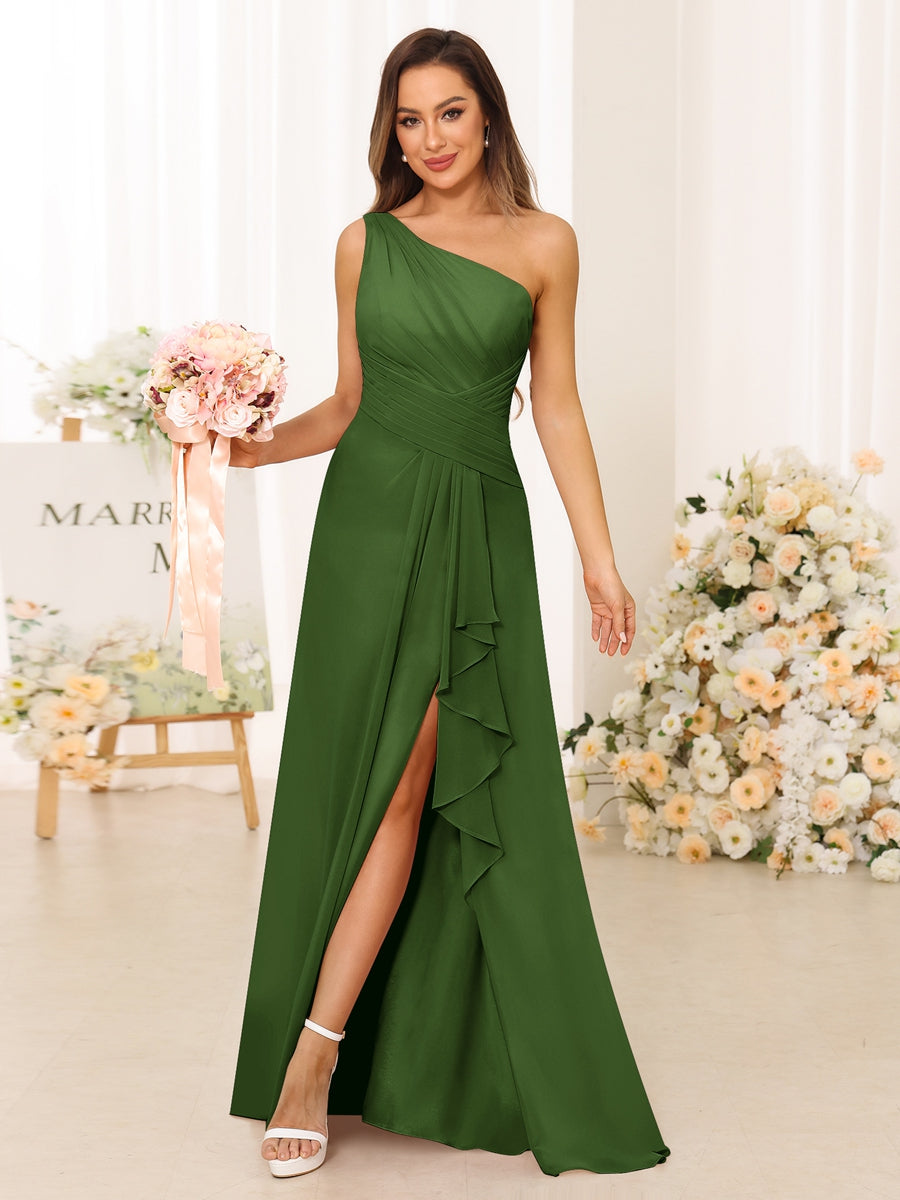 A-Line/Princess One-Shoulder Long Bridesmaid Dresses with Split Side