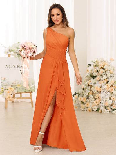 A-Line/Princess One-Shoulder Long Bridesmaid Dresses with Split Side