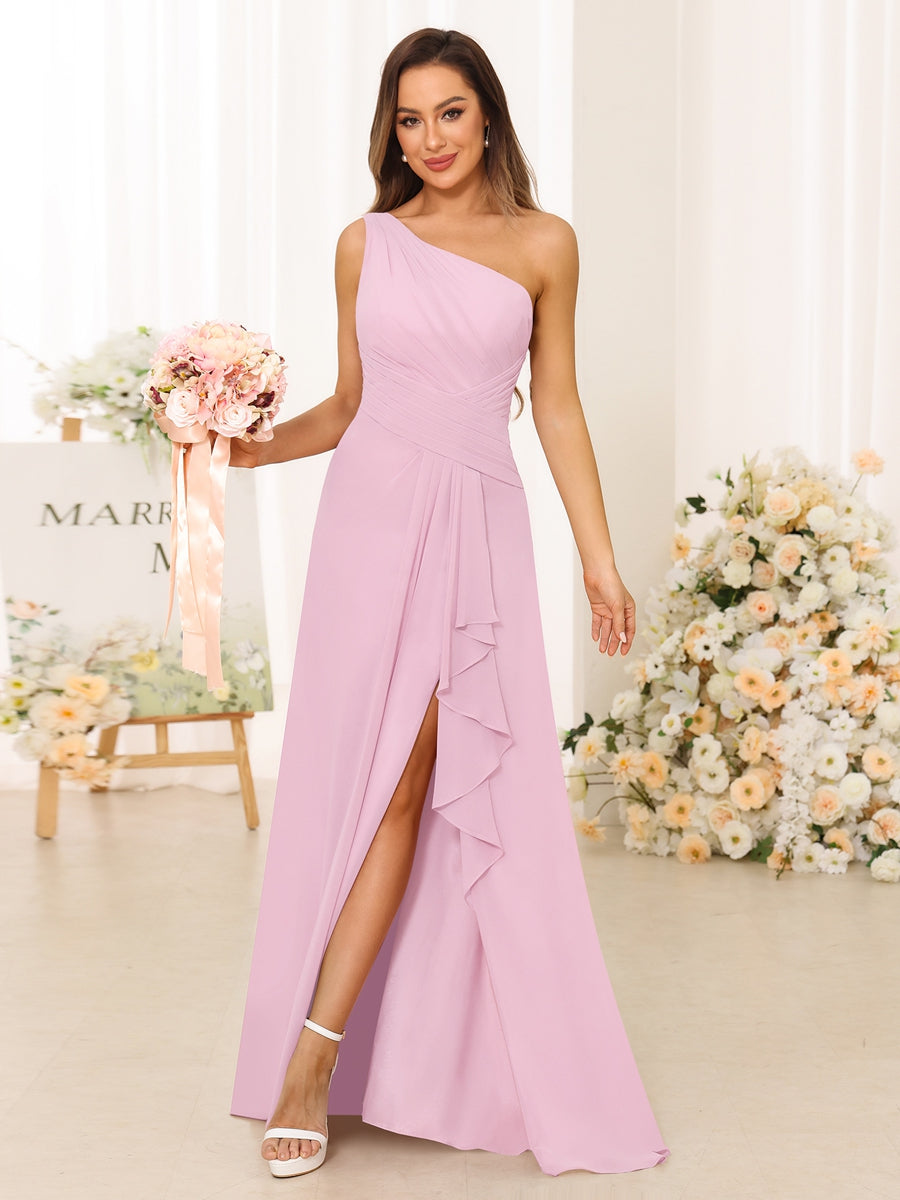 A-Line/Princess One-Shoulder Long Bridesmaid Dresses with Split Side