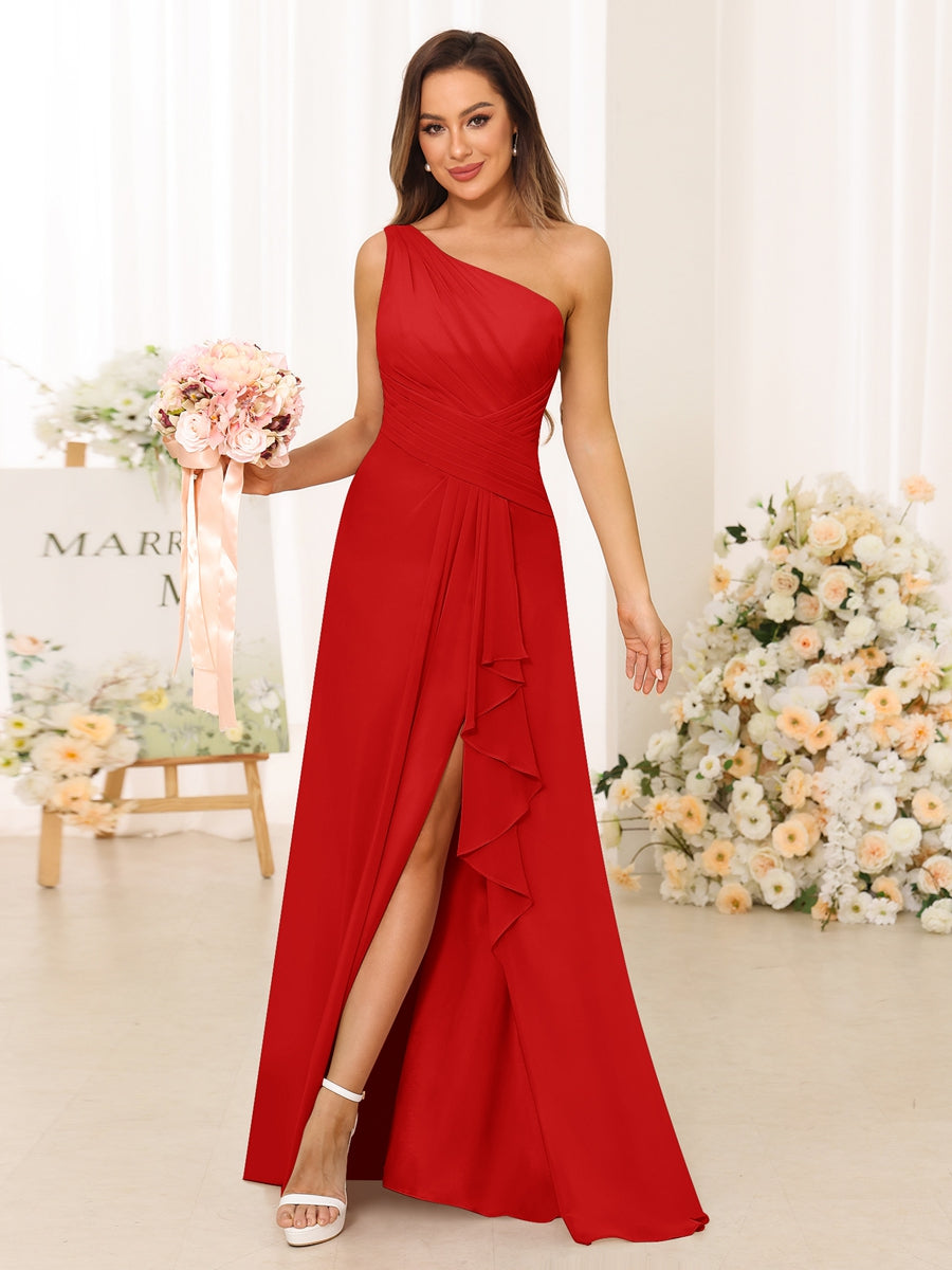 A-Line/Princess One-Shoulder Long Bridesmaid Dresses with Split Side