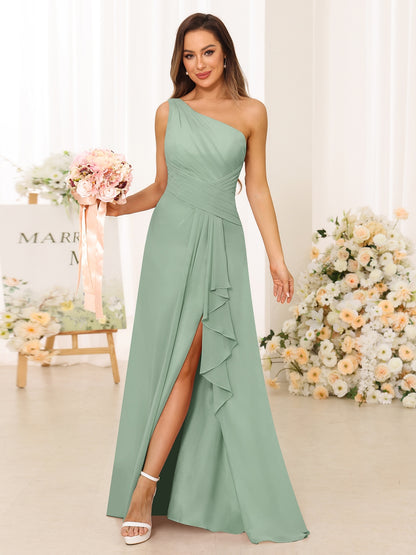 A-Line/Princess One-Shoulder Long Bridesmaid Dresses with Split Side