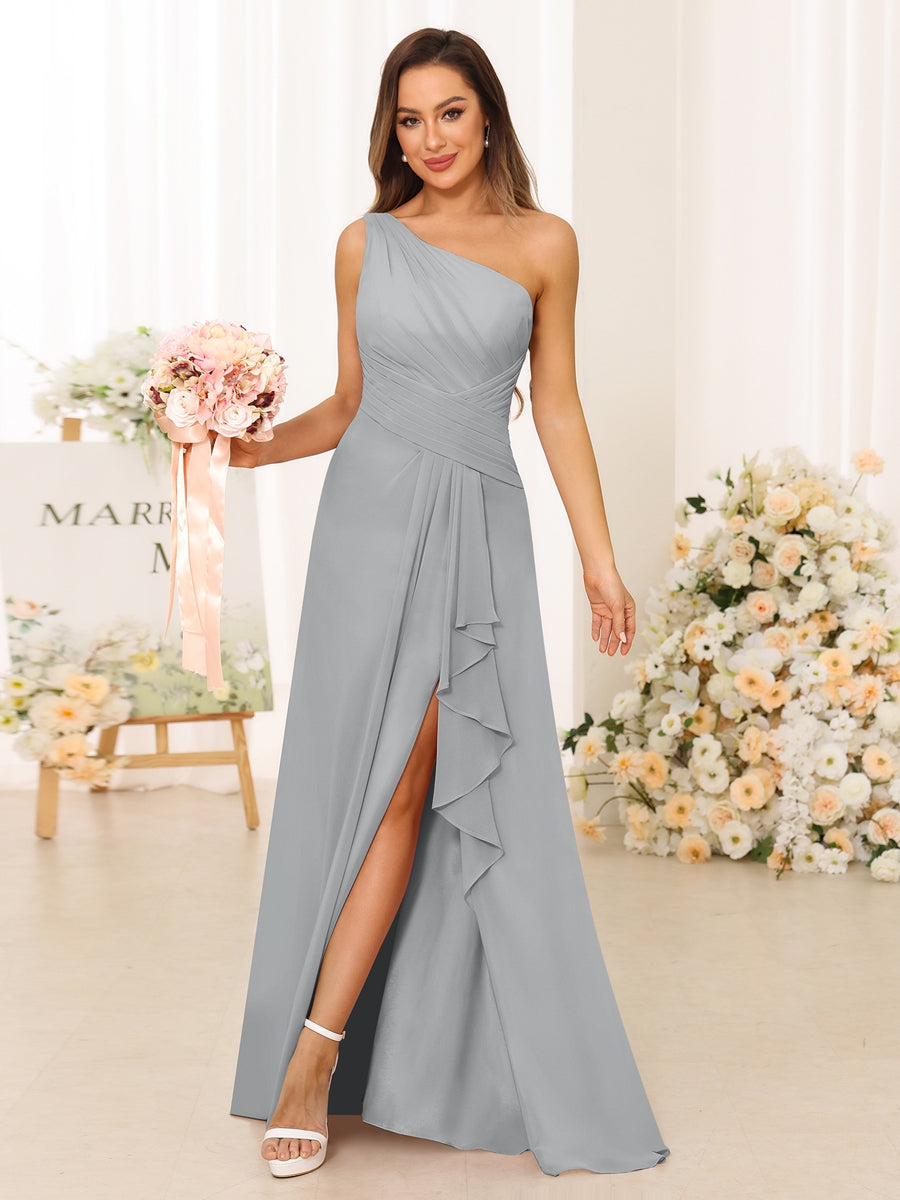 A-Line/Princess One-Shoulder Long Bridesmaid Dresses with Split Side