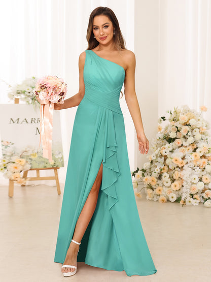 A-Line/Princess One-Shoulder Long Bridesmaid Dresses with Split Side