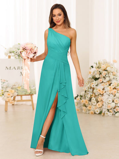 A-Line/Princess One-Shoulder Long Bridesmaid Dresses with Split Side