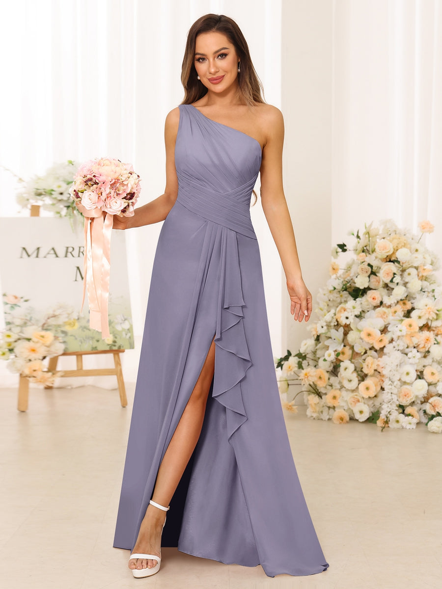 A-Line/Princess One-Shoulder Long Bridesmaid Dresses with Split Side