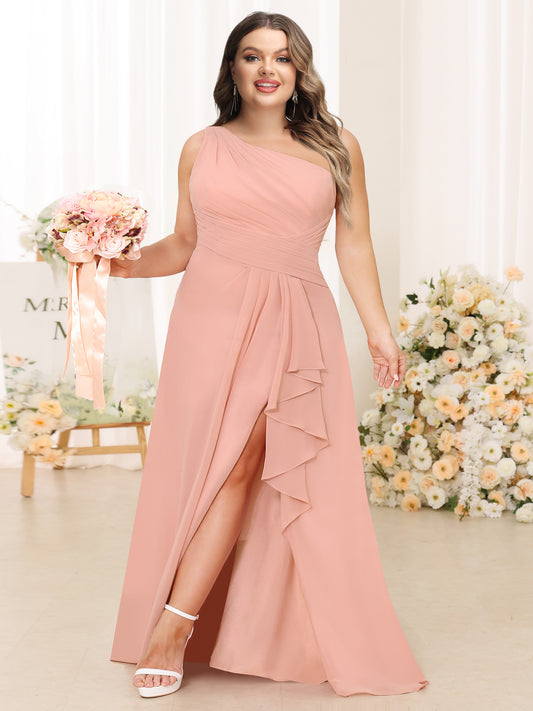 A-Line/Princess One-Shoulder Long Plus Size Bridesmaid Dresses with Split Side