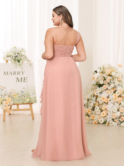 A-Line/Princess One-Shoulder Long Plus Size Bridesmaid Dresses with Split Side