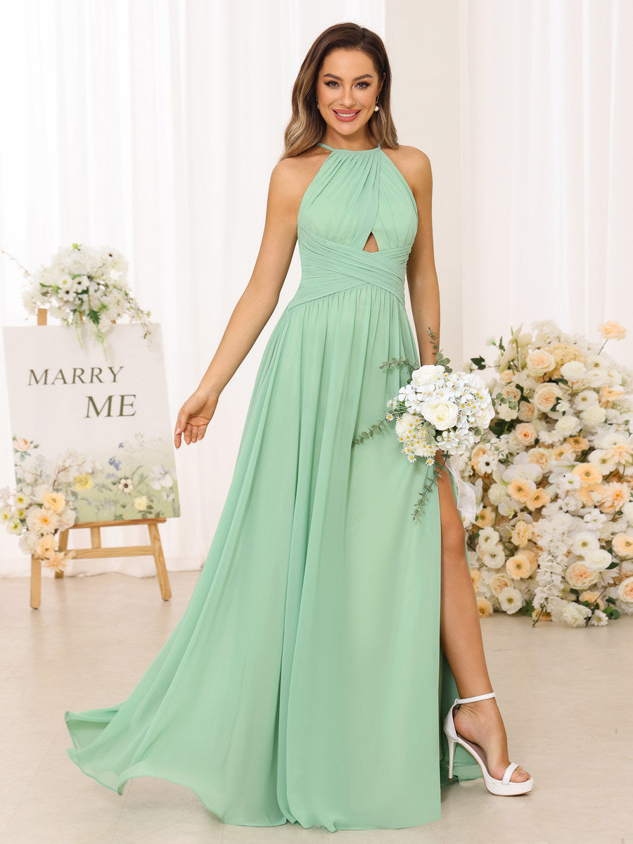 A Line/Princess Halter Long Bridesmaid Dresses with Split Side