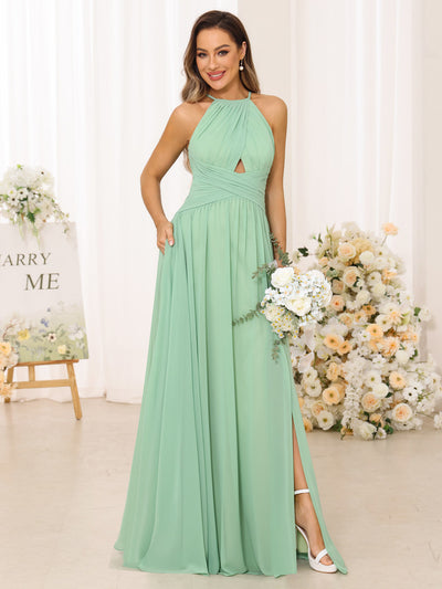 A Line/Princess Halter Long Bridesmaid Dresses with Split Side