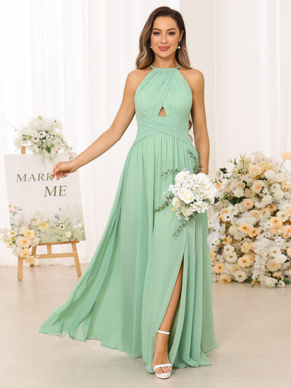 A Line/Princess Halter Long Bridesmaid Dresses with Split Side