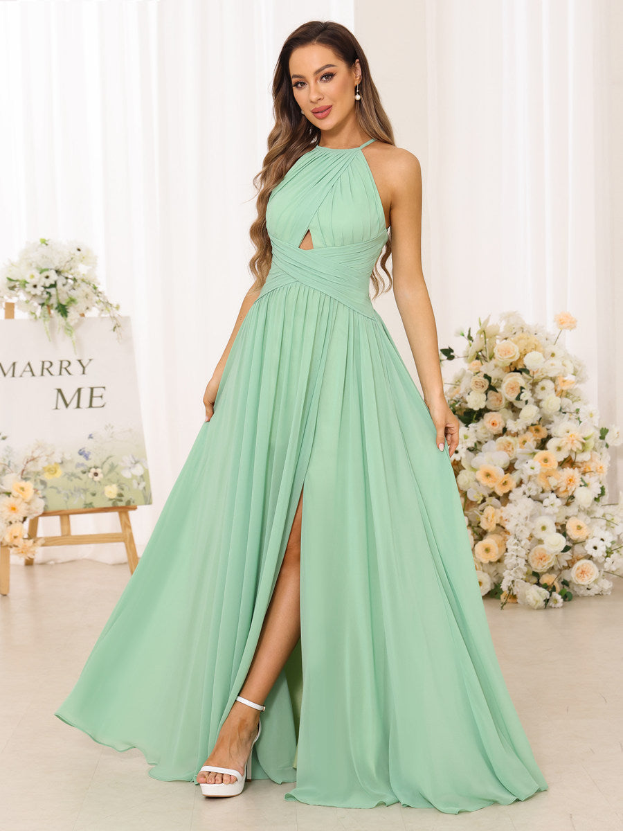 A Line/Princess Halter Long Bridesmaid Dresses with Split Side