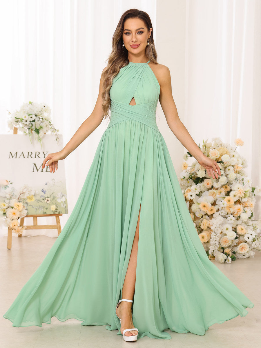 A Line/Princess Halter Long Bridesmaid Dresses with Split Side