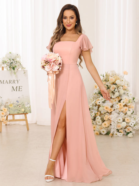 A-Line/Princess Square Neck Short Sleeves Long Bridesmaid Dresses With Split Side