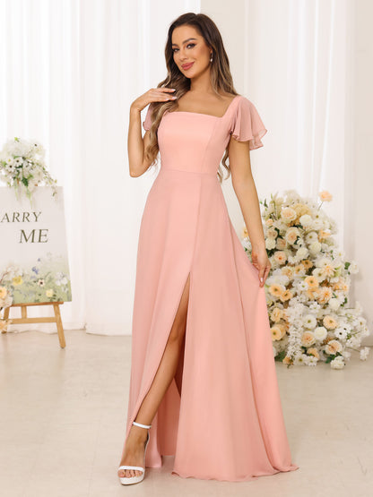 A-Line/Princess Square Neck Short Sleeves Long Bridesmaid Dresses With Split Side