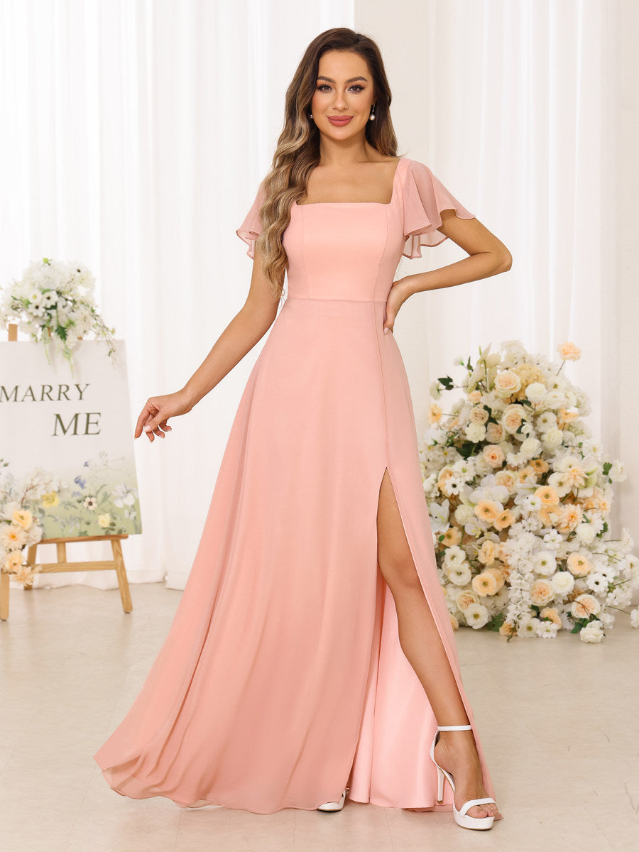 A-Line/Princess Square Neck Short Sleeves Long Bridesmaid Dresses With Split Side