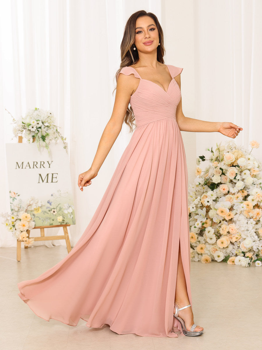 A-Line/Princess V-Neck Floor Length Bridesmaid Dresses With Split Side