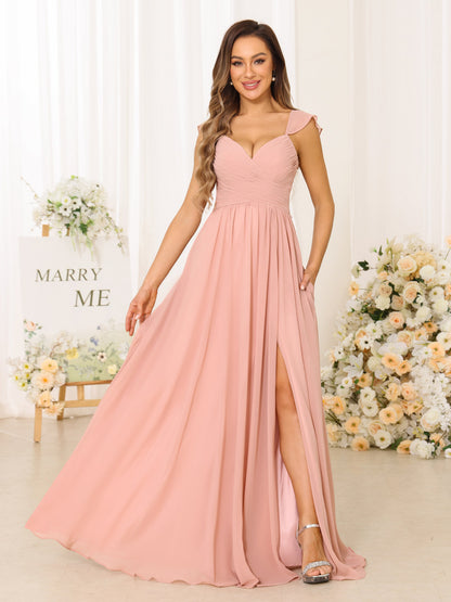 A-Line/Princess V-Neck Floor Length Bridesmaid Dresses With Split Side