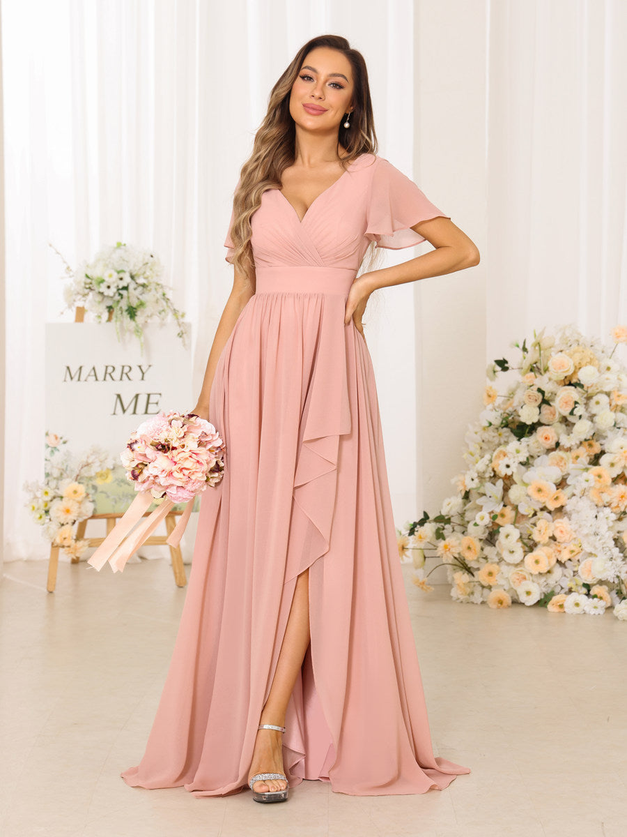 A-Line/Princess V-Neck Short Sleeves Long Bridesmaid Dresses With Split Side