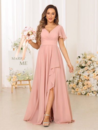 A-Line/Princess V-Neck Short Sleeves Long Bridesmaid Dresses With Split Side