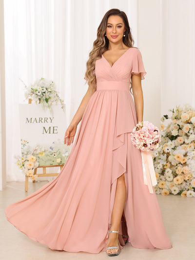 A-Line/Princess V-Neck Short Sleeves Long Bridesmaid Dresses With Split Side