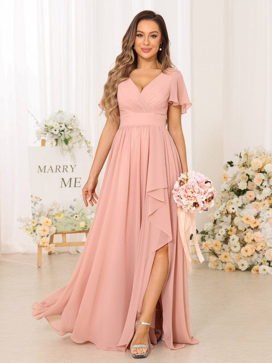 A-Line/Princess V-Neck Short Sleeves Long Bridesmaid Dresses With Split Side