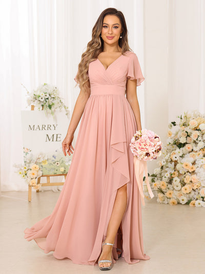 A-Line/Princess V-Neck Short Sleeves Long Bridesmaid Dresses With Split Side