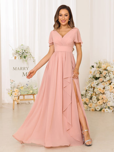 A-Line/Princess V-Neck Short Sleeves Long Bridesmaid Dresses With Split Side