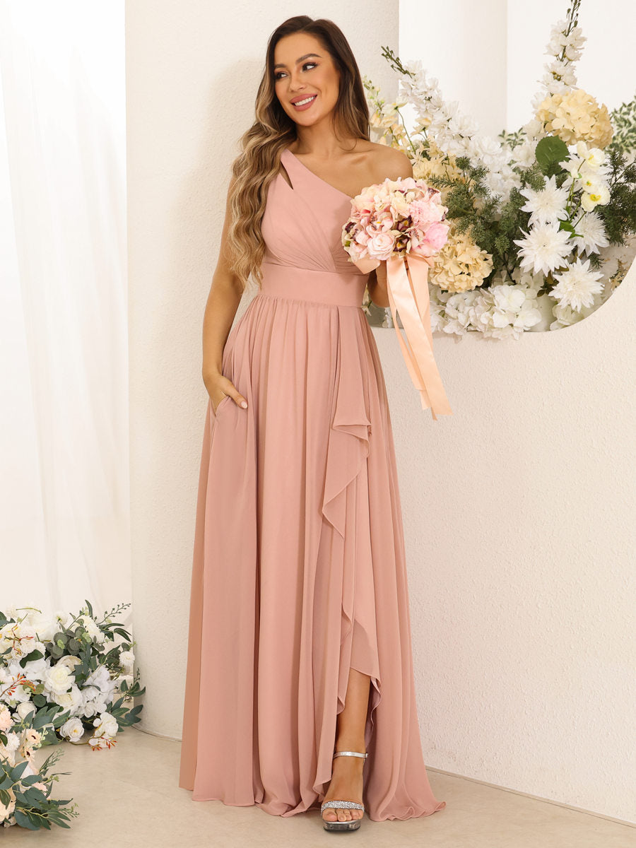 A-Line/Princess One-Shoulder Long Bridesmaid Dresses With Split Side