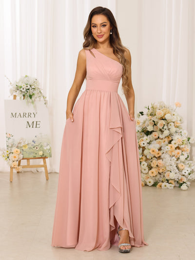 A-Line/Princess One-Shoulder Long Bridesmaid Dresses With Split Side