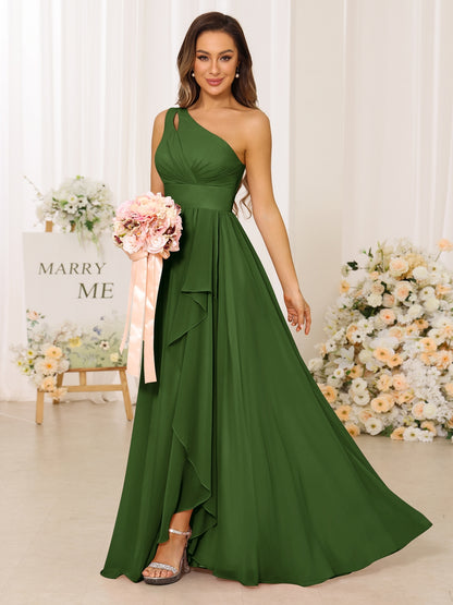 A-Line/Princess One-Shoulder Long Bridesmaid Dresses With Split Side