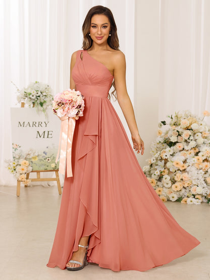 A-Line/Princess One-Shoulder Long Bridesmaid Dresses With Split Side