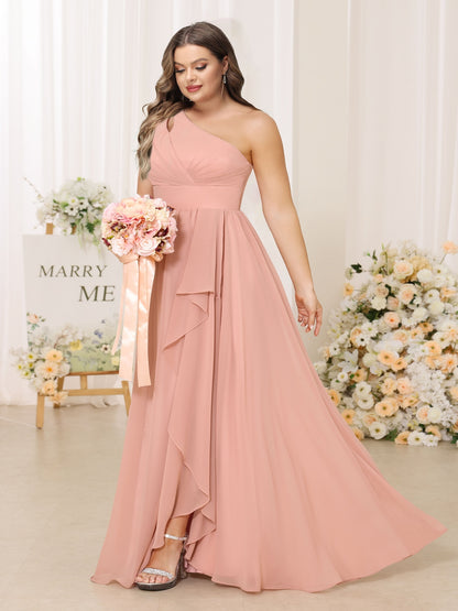 A-Line/Princess One-Shoulder Long Plus Size Bridesmaid Dresses With Split Side