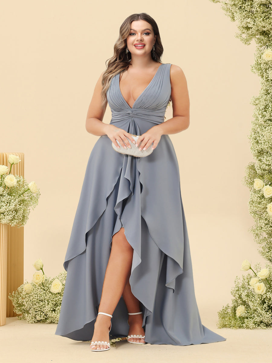 A-Line/Princess Asymmetrical V-Neck Plus Size Bridesmaid Dresses With Ruffles