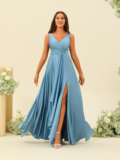 A-Line/Princess Floor-Length Sleeveless Ruffles Bridesmaid Dresses With Split Side