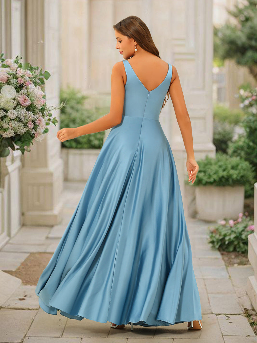 A-Line/Princess Floor-Length Sleeveless Ruffles Bridesmaid Dresses With Split Side