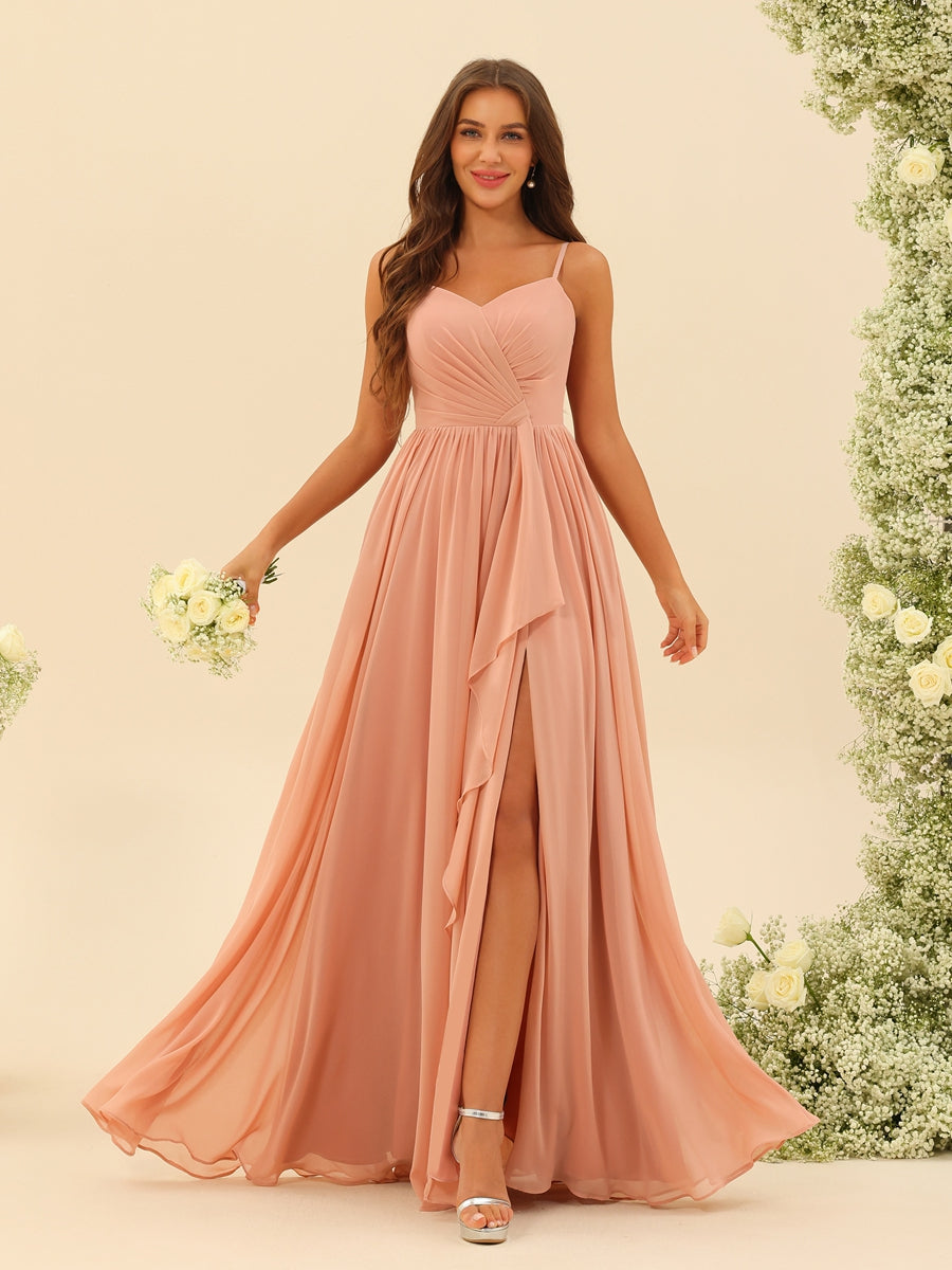 A-Line/Princess Floor-Length Spaghetti Straps Ruffles Bridesmaid Dresses With Split Side