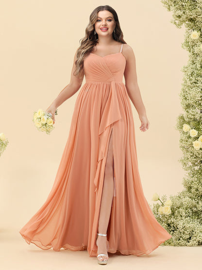 A-Line/Princess Floor-Length Spaghetti Straps Ruffles Plus Size Bridesmaid Dresses With Split Side