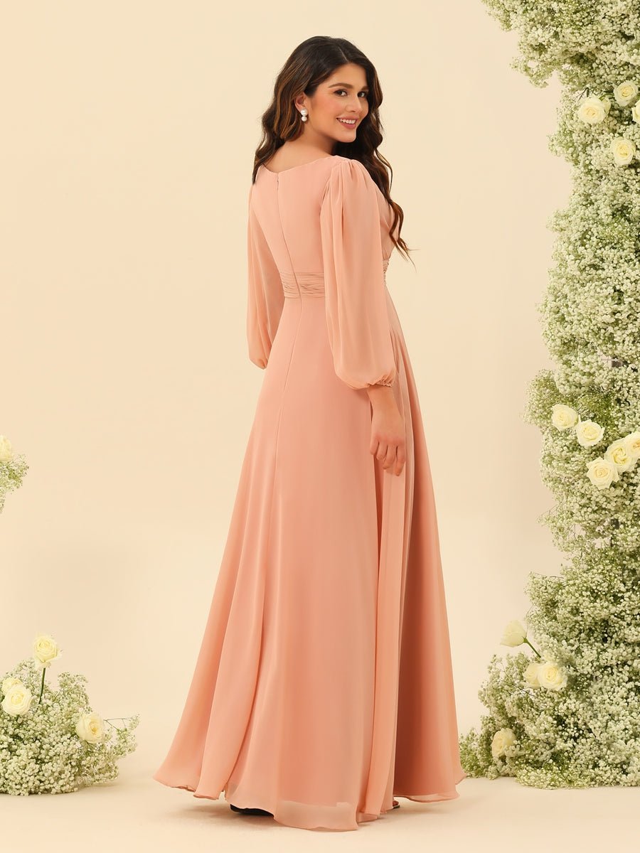 A-Line/Princess Floor-Length Long Sleeves Bridesmaid Dresses With Sash