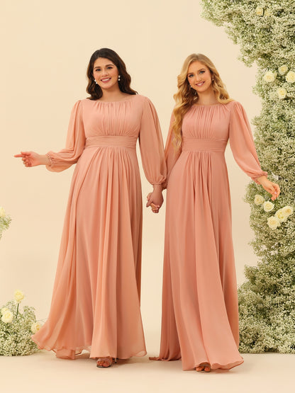 A-Line/Princess Floor-Length Long Sleeves Bridesmaid Dresses With Sash