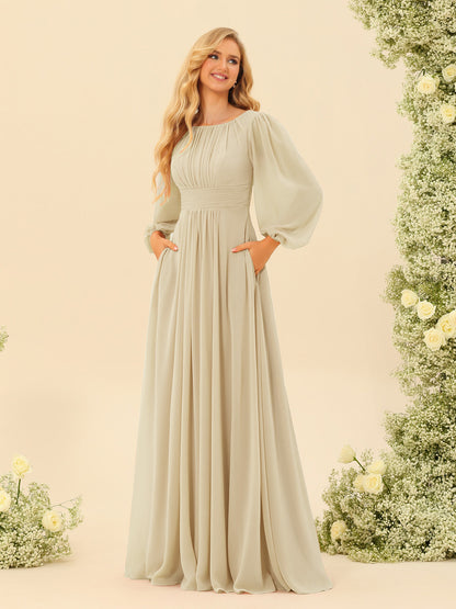 A-Line/Princess Floor-Length Long Sleeves Bridesmaid Dresses With Sash